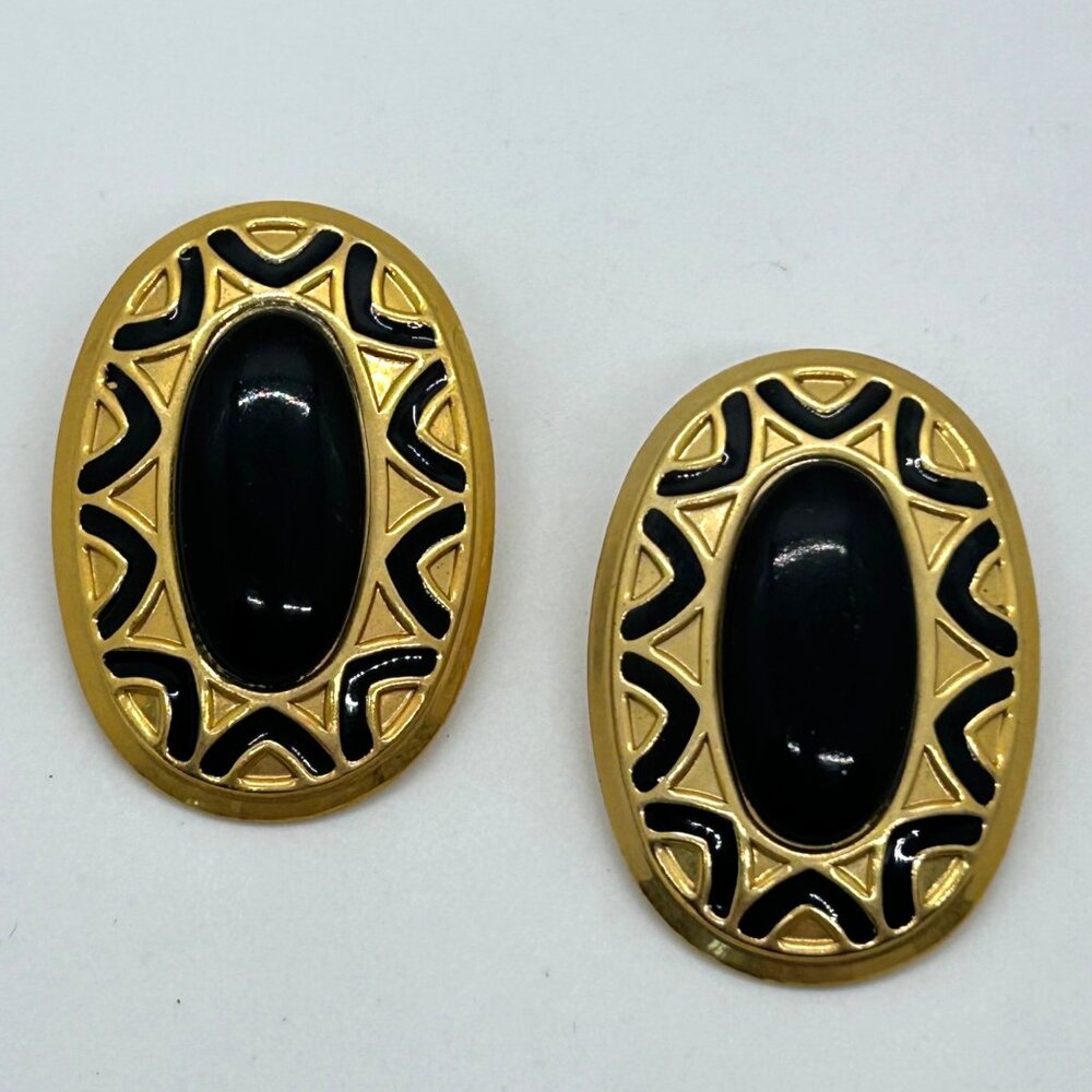 Vintage Pierced Earrings Black Cabochon 80s 90s Gold Tone Etruscan Revival